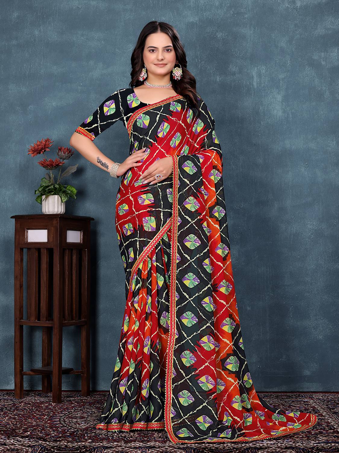 Kanooda Prints Printed Bandhani Georgette Saree (Red)