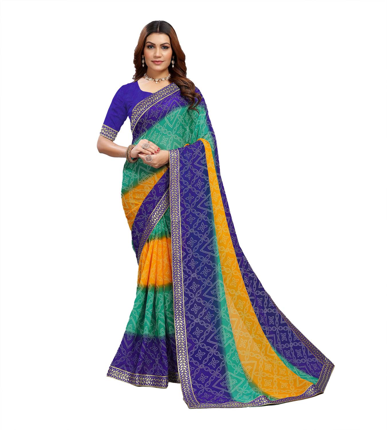 Kanooda Prints Printed Bandhani Georgette Saree (Multicolor)