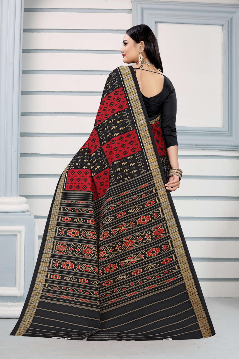 Image of ETHNIC ODISHA HANDLOOM Printed, Digital Print, Geometric Print, Checkered, Polka Print, Graphic Print Sambalpuri Pure Cotton Saree (Red)
