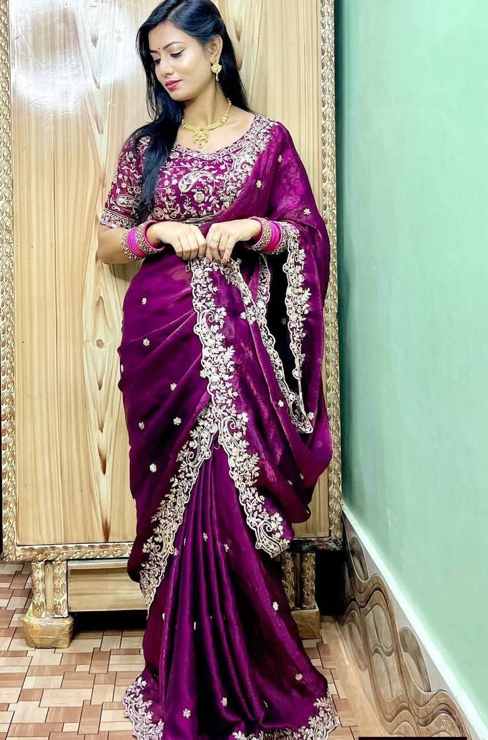 Apraxa Embroidered Bollywood Silk Saree Purple - Image 3