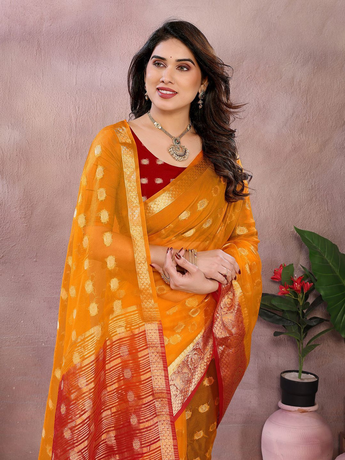 Image of Hema Silk Mills Printed Bollywood Organza Saree (Yellow)