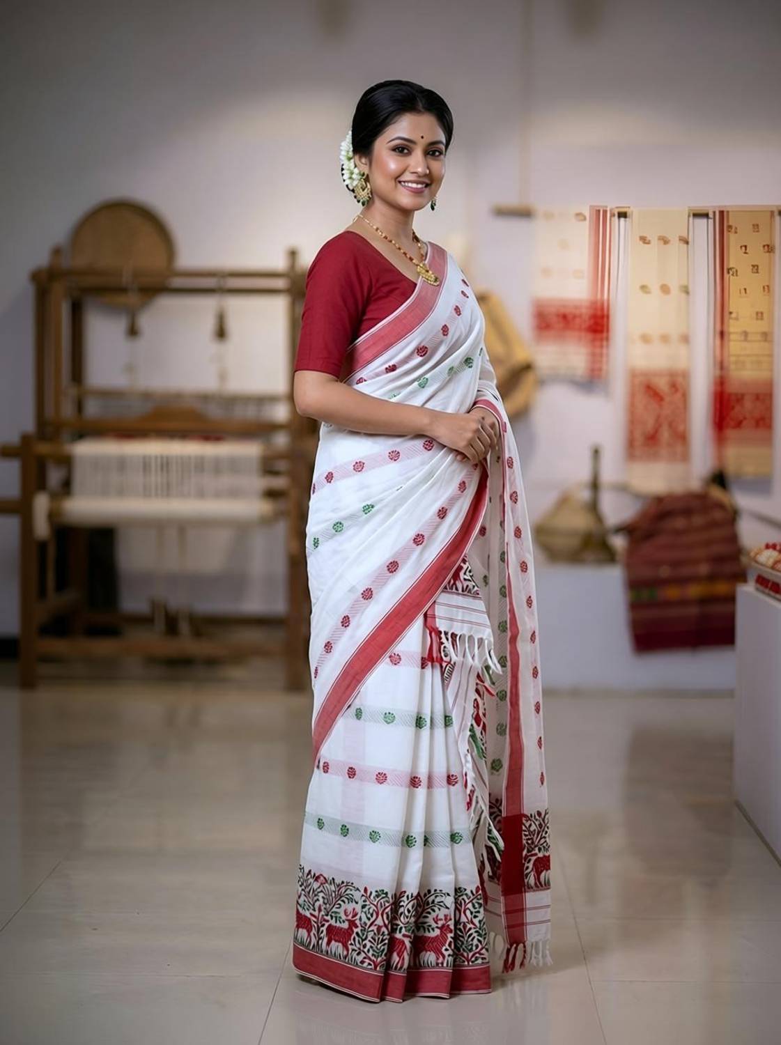 ADIVASI SHOP Solid/Plain Handloom Cotton Blend Saree
