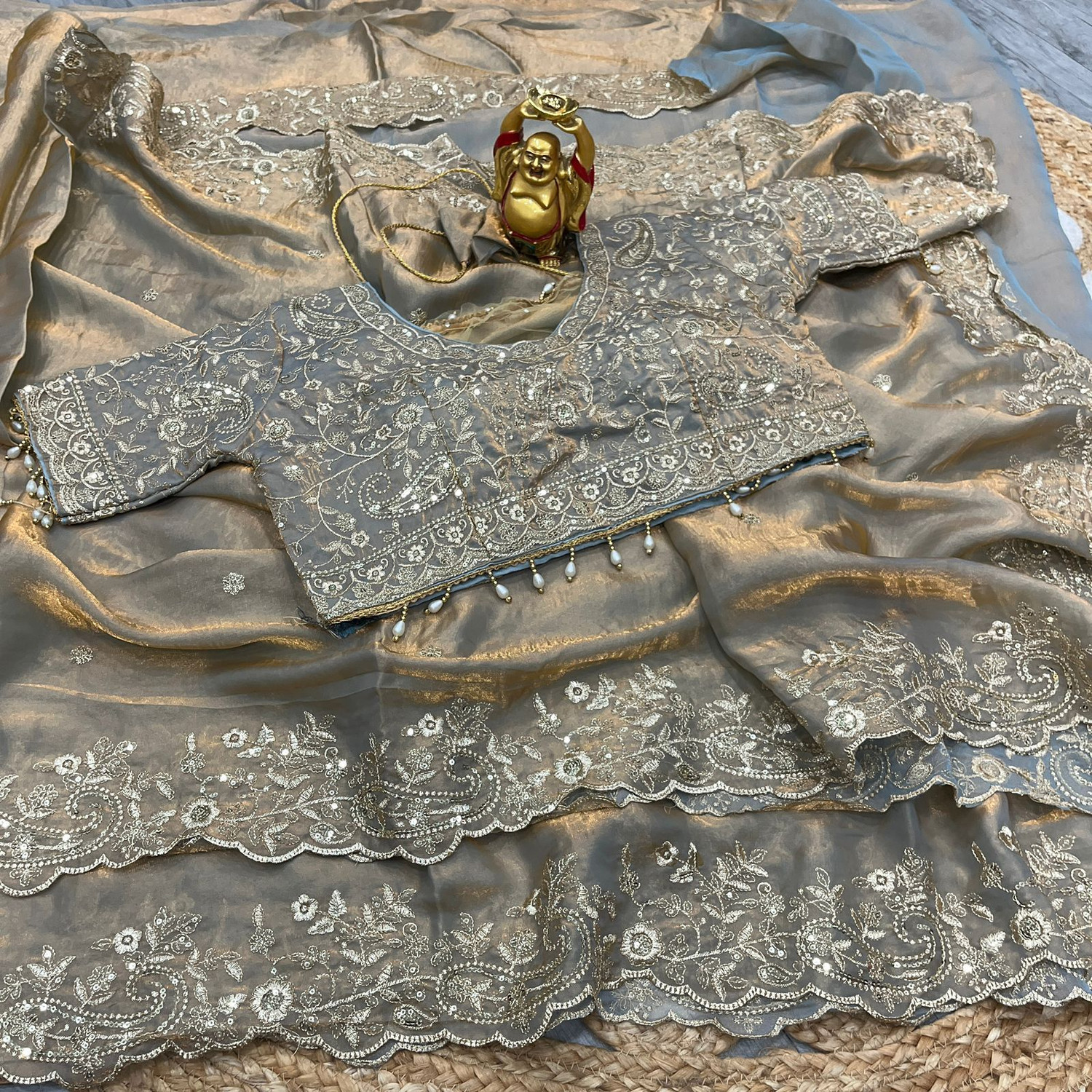 KRIVITY Embroidered, Embellished Bollywood Satin, Art Silk Saree