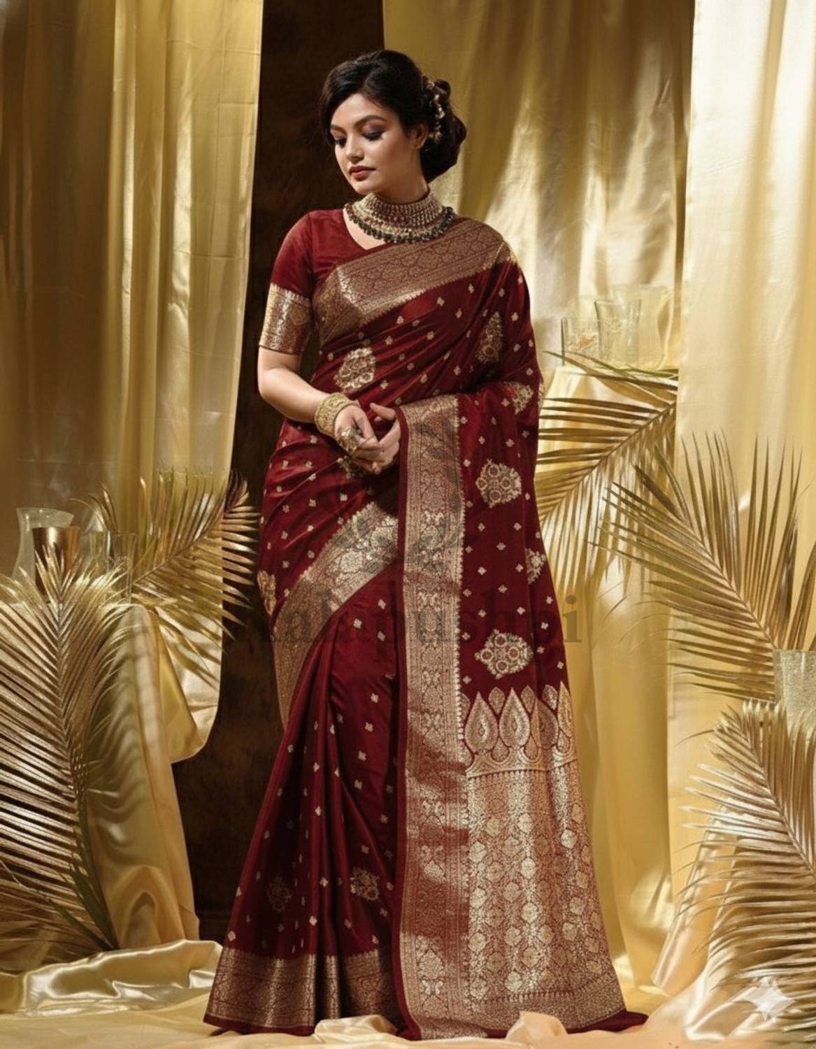 Kalapushpi Woven Banarasi Satin Saree (Maroon)