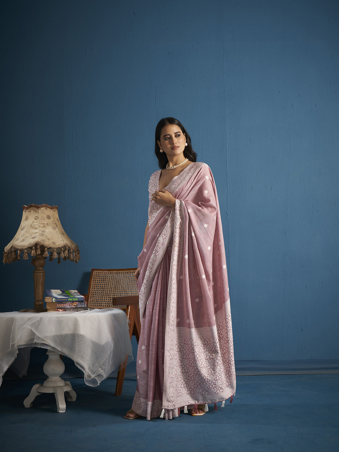Image of Elora Woven, Self Design, Embroidered Daily Wear Linen Saree