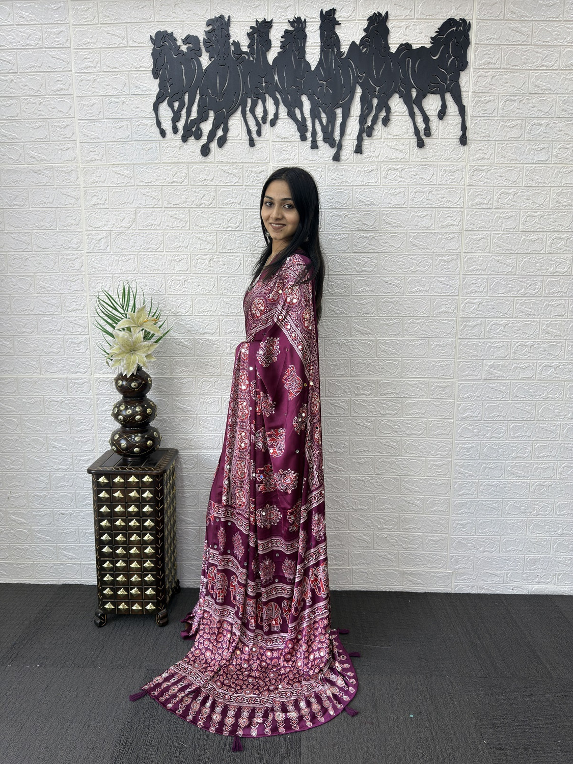 Image of FashDeal Printed Bollywood Satin Saree (Purple)