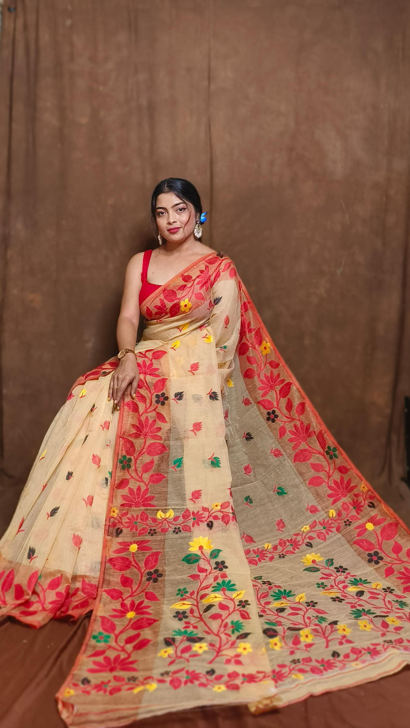 Image of UR Affection Embroidered Jamdani Cotton Silk Saree