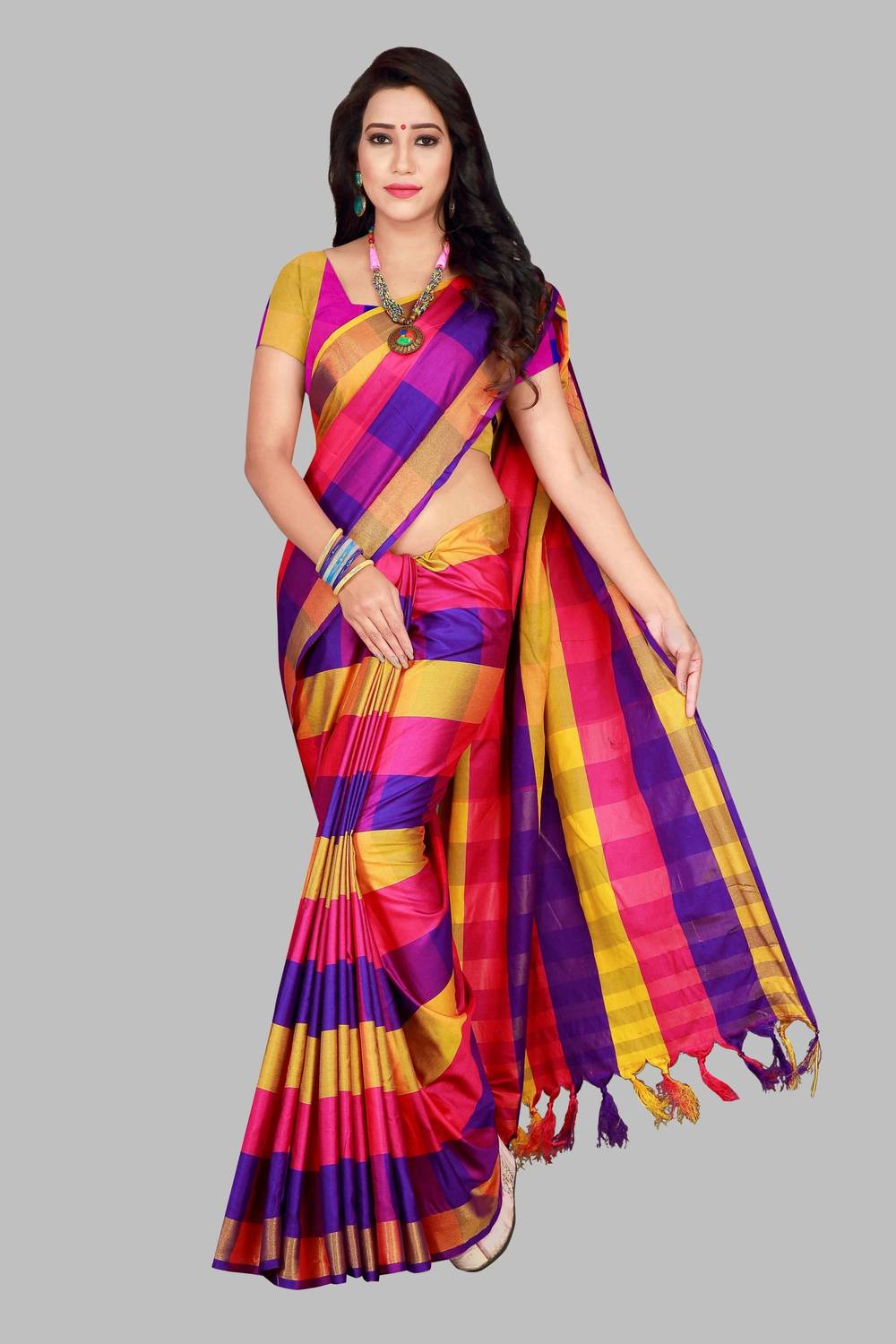 Shaibo saree Checkered Daily Wear Cotton Silk Saree (Yellow)