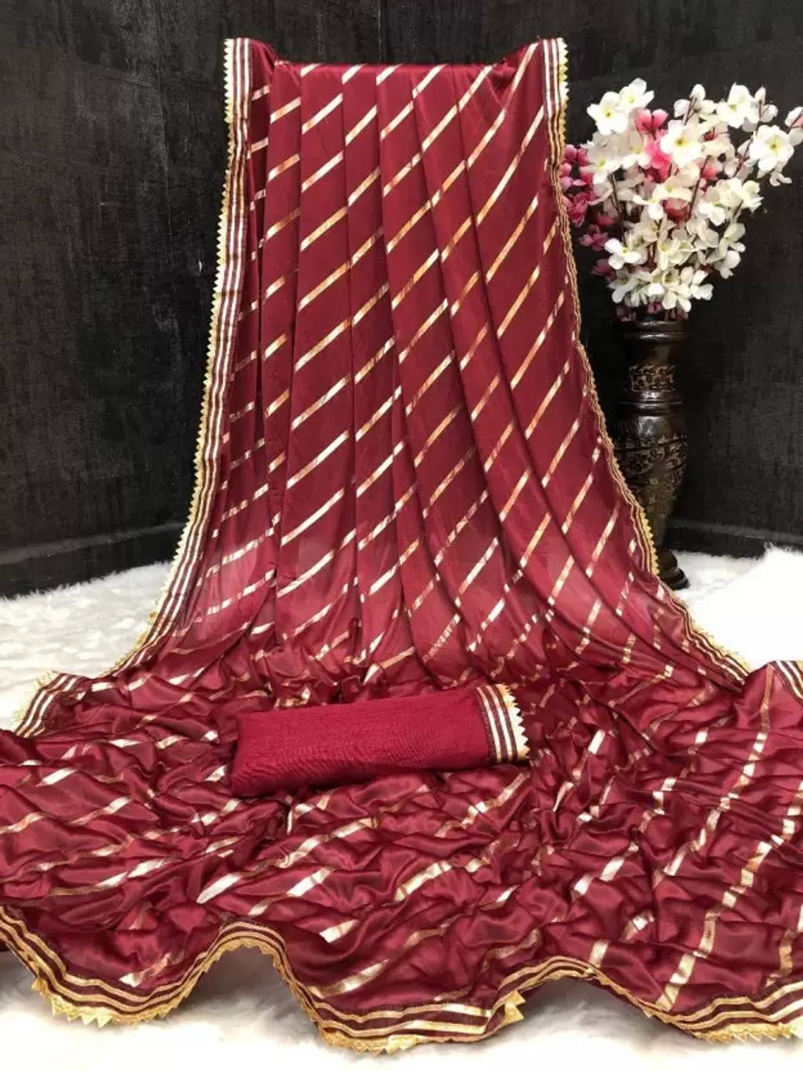 AMALAK Striped Bollywood Lycra Blend Saree