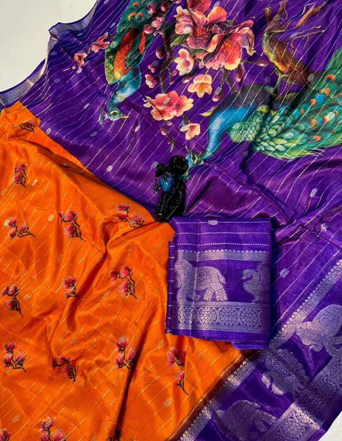 Image of Lincy Striped, Floral Print, Woven Bollywood Cotton Blend Saree