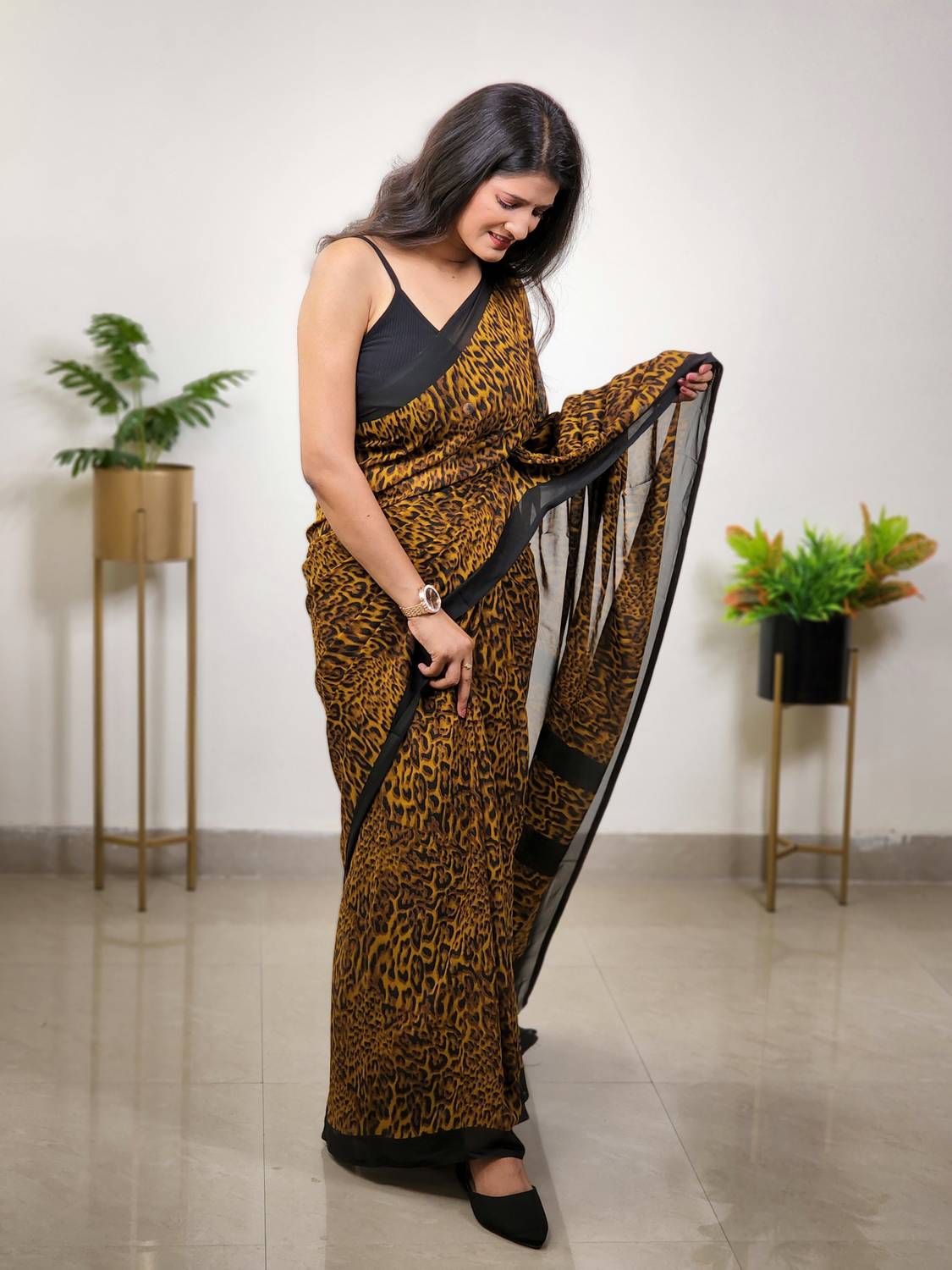 Anand Sarees Animal Print Bollywood Georgette Saree (Black, Yello
