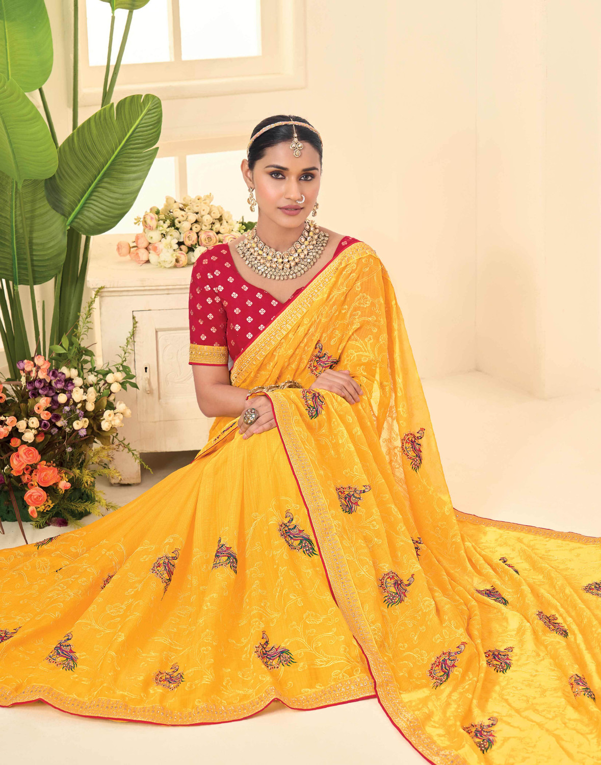 Image of Laxmipati sarees Embroidered Saree with Attached Blouse Chiffon Saree (Yellow)