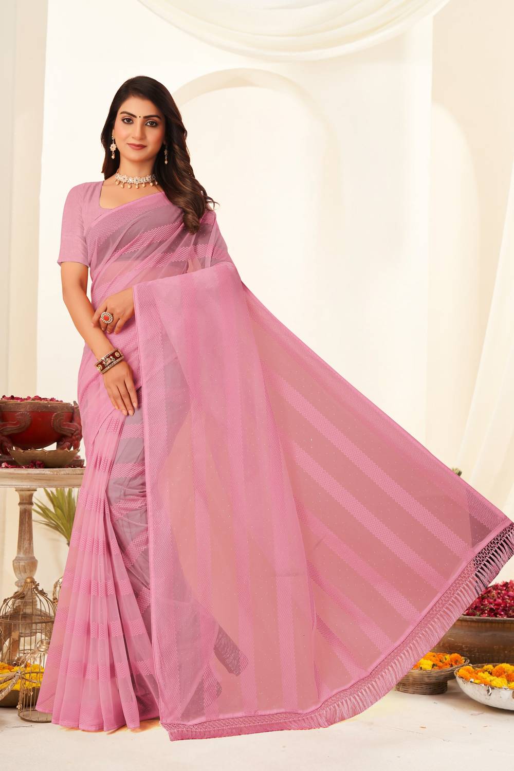 BATHANI CREATION Solid/Plain Bollywood Organza Saree