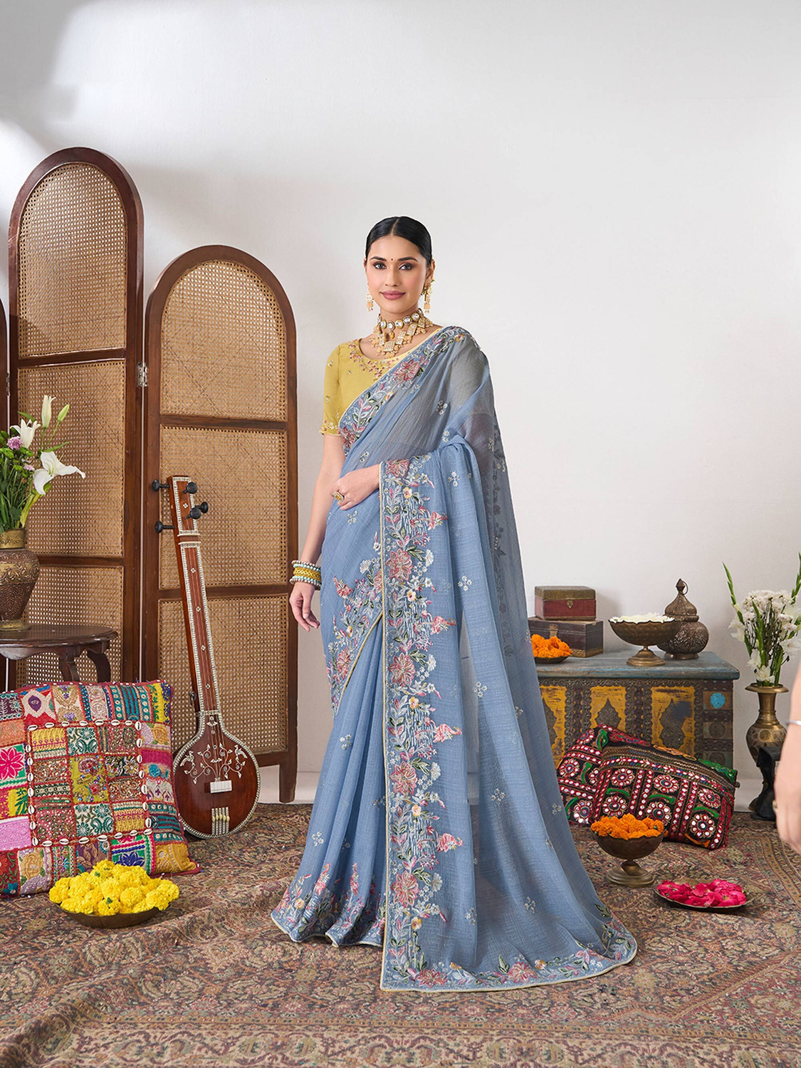 Image of Laxmipati sarees Embroidered, Floral Print Bollywood Chiffon Saree