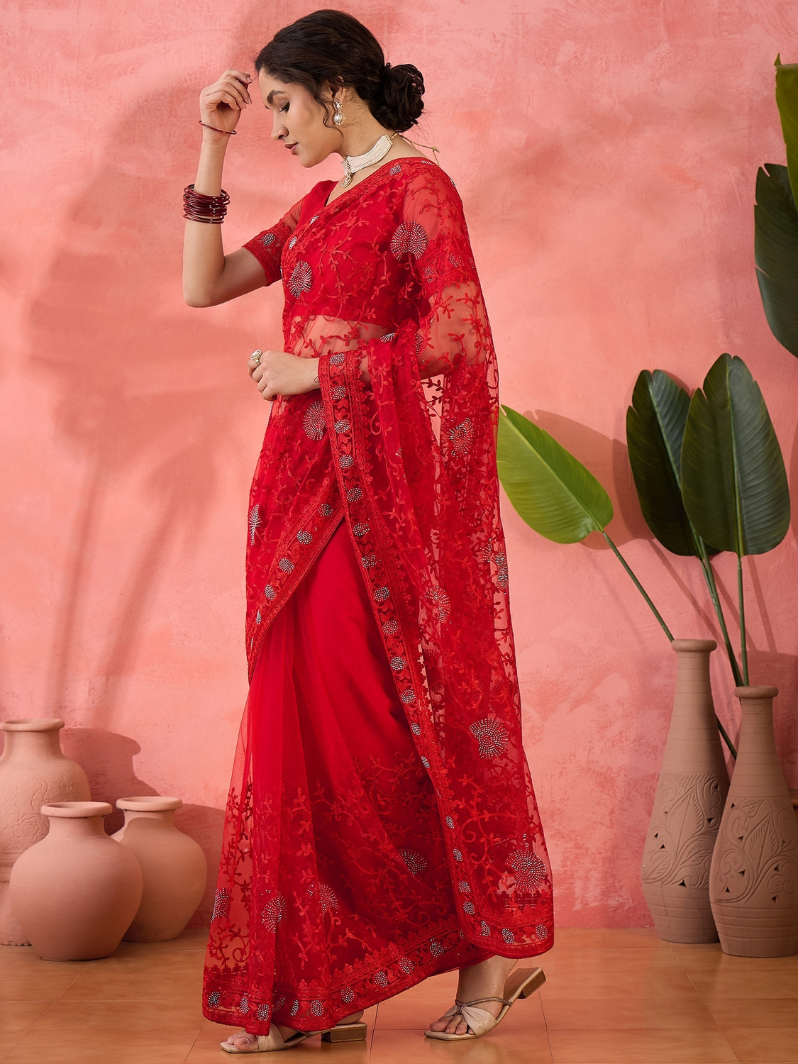 Image of Sangria Embroidered, Floral Print, Embellished Kalamkari Net Saree