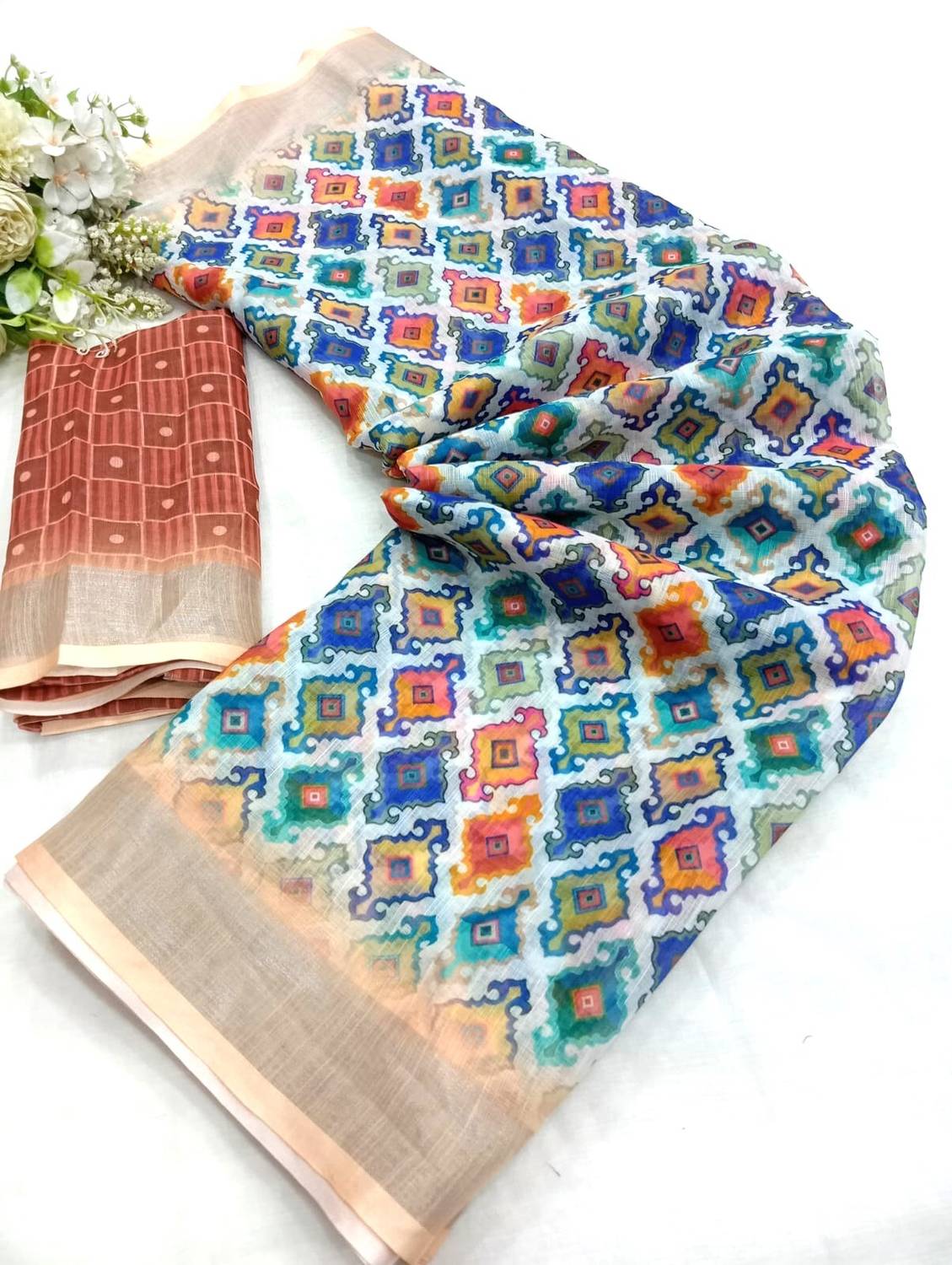 ASHTA Floral Print Kanjivaram Linen Saree