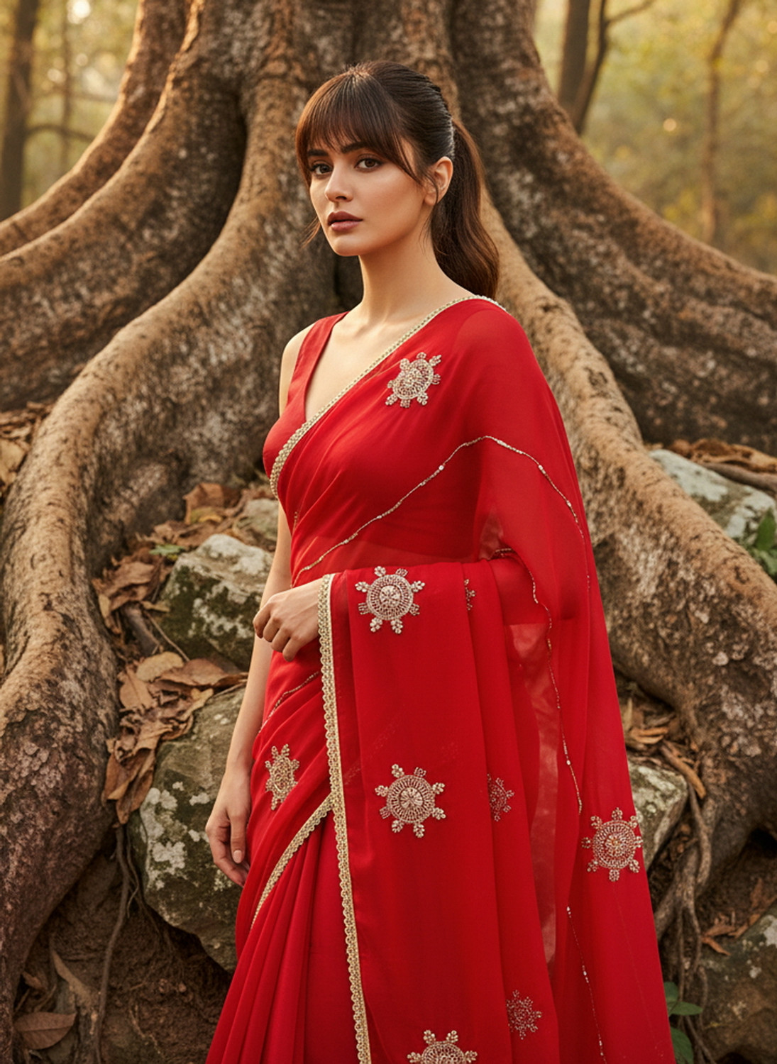 Image of Sariya Embroidered, Embellished Bollywood Georgette, Silk Blend Saree