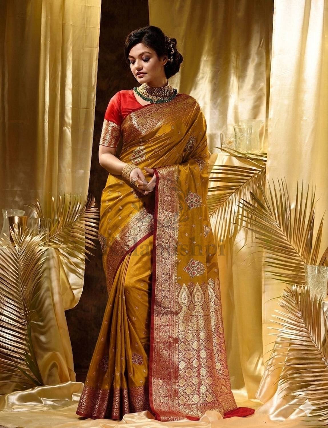 Kalapushpi Woven Banarasi Satin Saree (Mustard)