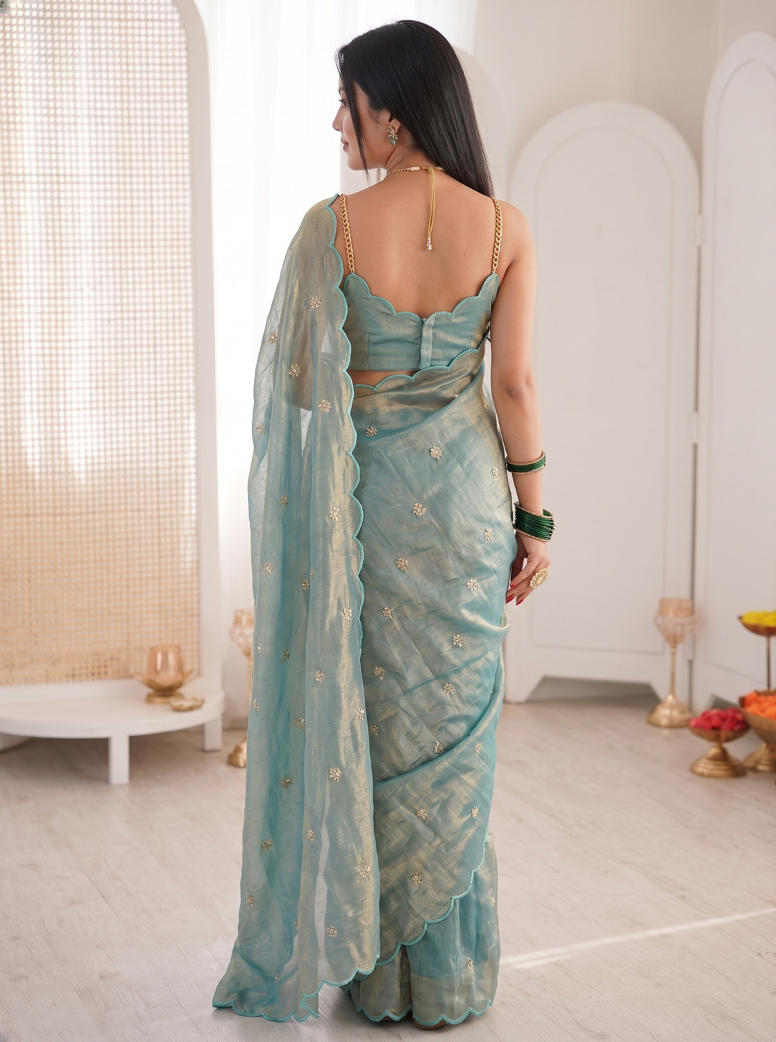 Image of MAHADEV CREATION Embellished, Embroidered, Floral Print Bollywood Chiffon Saree (Light Blue)