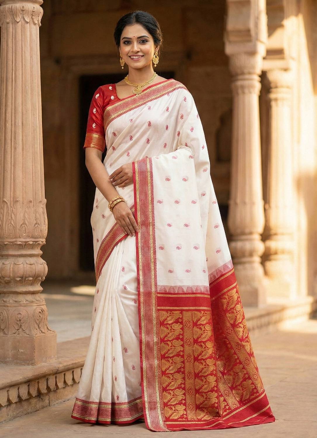 PuJoy Self Design Tant Pure Cotton Saree