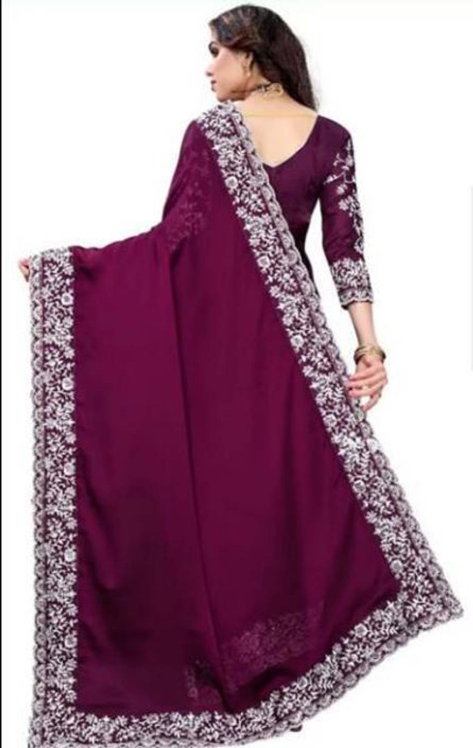 FashionTody Embroidered Bollywood Purple Silk Saree - Image 2