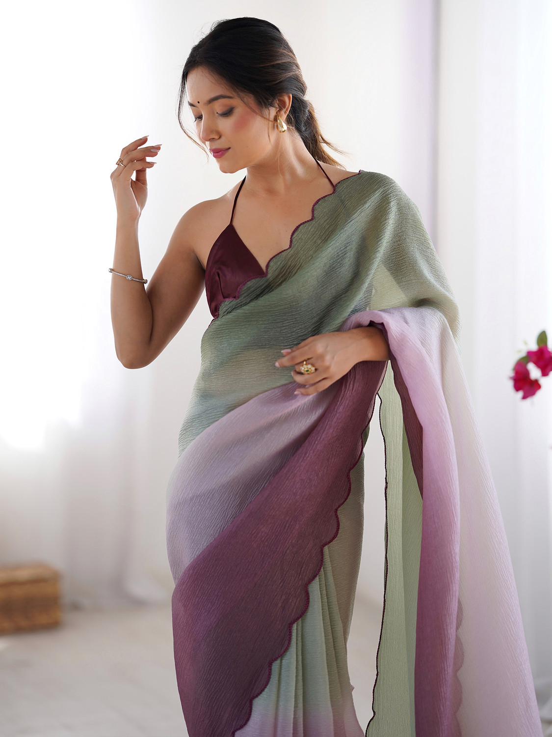 Image of Tasrika Dyed, Self Design Bollywood Chiffon Saree (Multicolor)