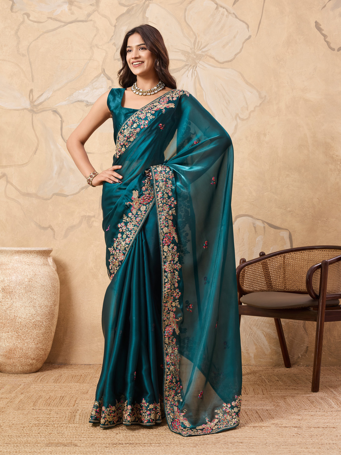 Image of SareezaaStore Embroidered, Floral Print, Solid /Plain Bollywood Tissue, Organza Saree