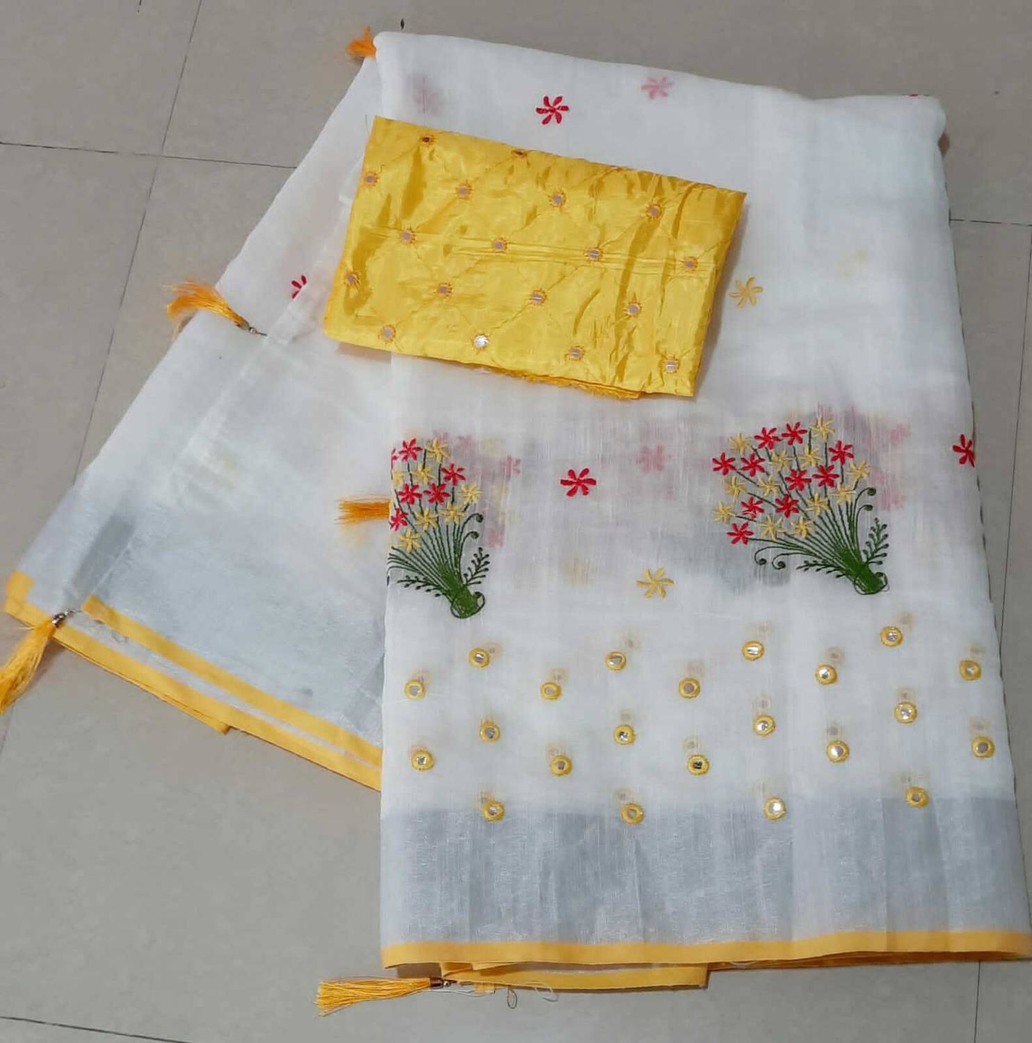 KRIVITY Embroidered Bollywood Cotton Linen Saree (White, Yellow)
