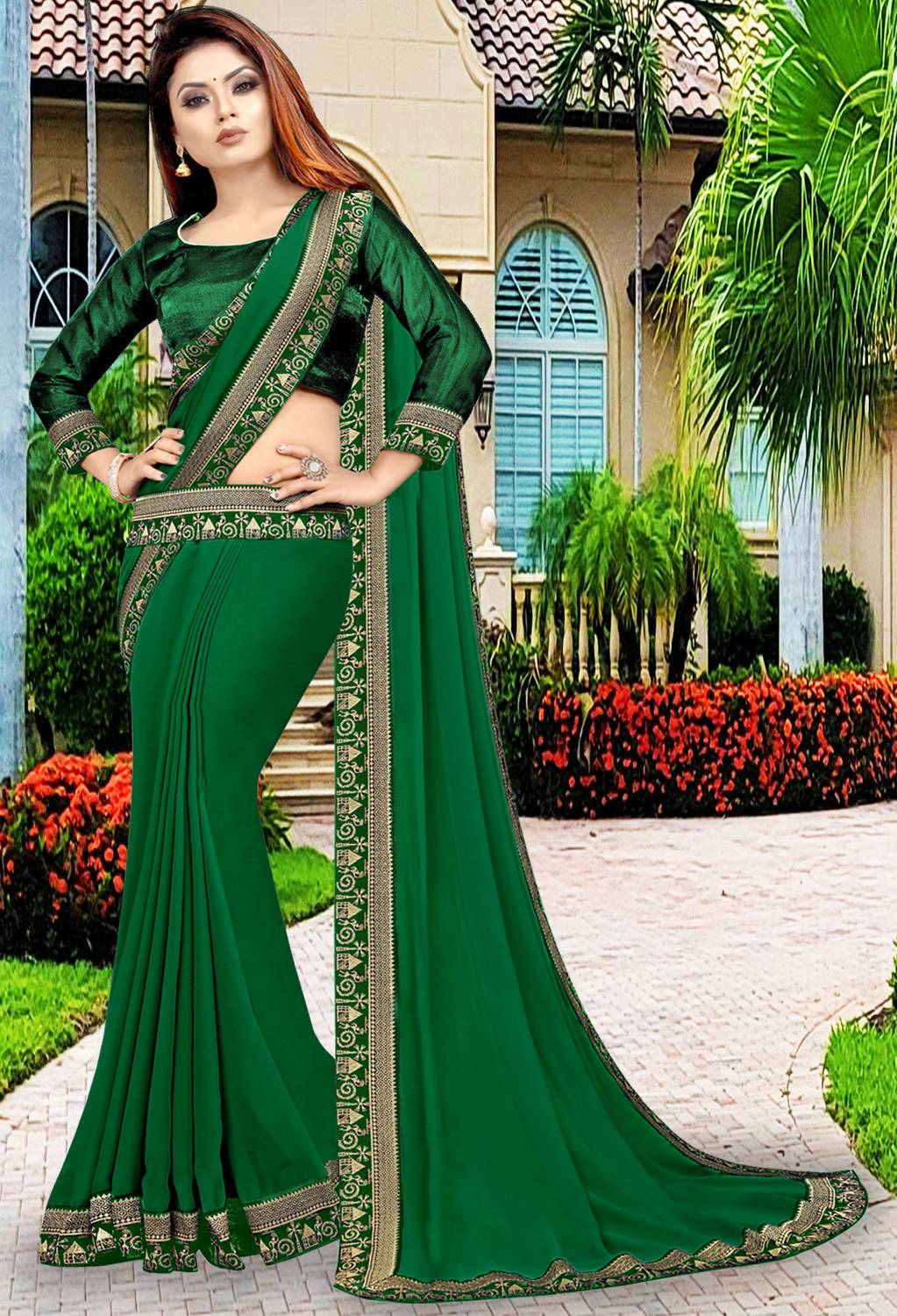 HNC Retail Solid/Plain Bollywood Lycra Blend, Chiffon Saree (Gree