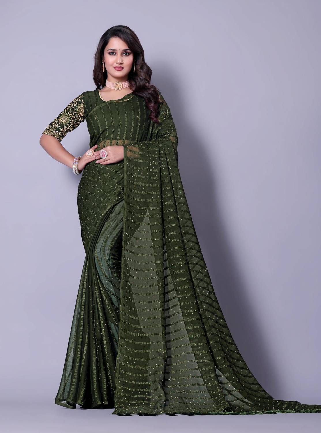 ABSilk Striped, Embellished, Embroidered Assam Silk Georgette Saree