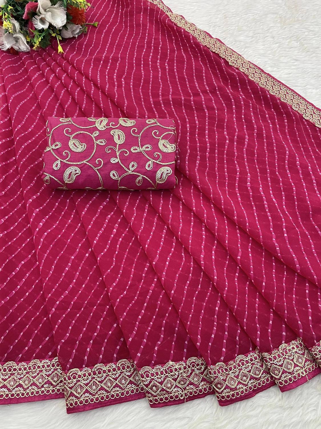 RHG Fashion Embroidered Bandhani Georgette Saree (Pink)