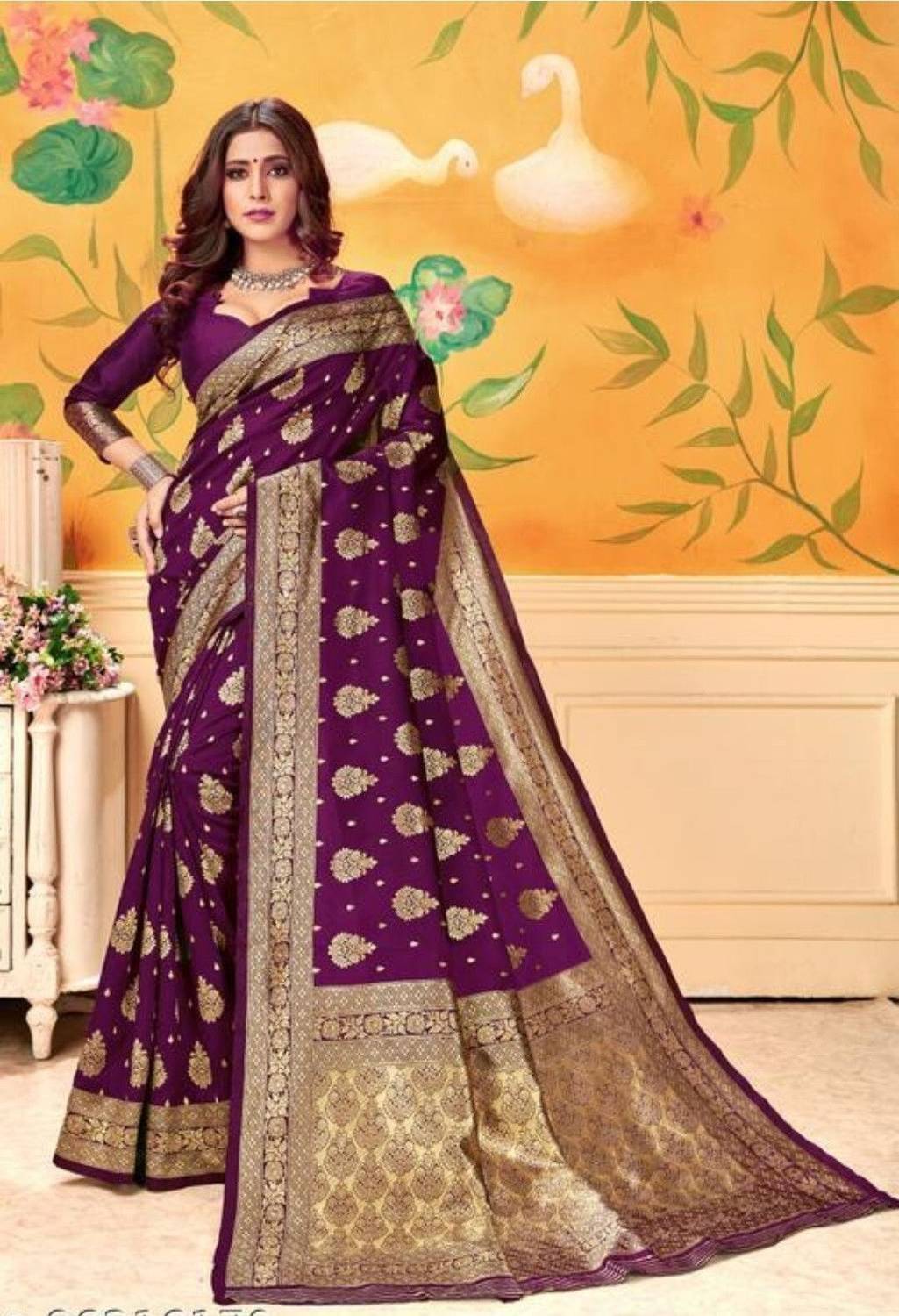 TIGERSNAKE Woven Kasavu Silk Blend Saree (Purple)