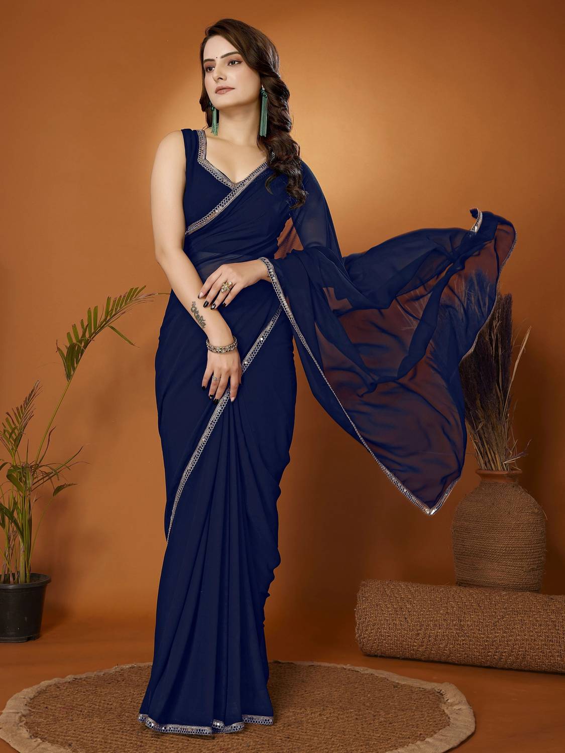 FABMORA Solid/Plain, Embellished Bollywood Georgette Saree