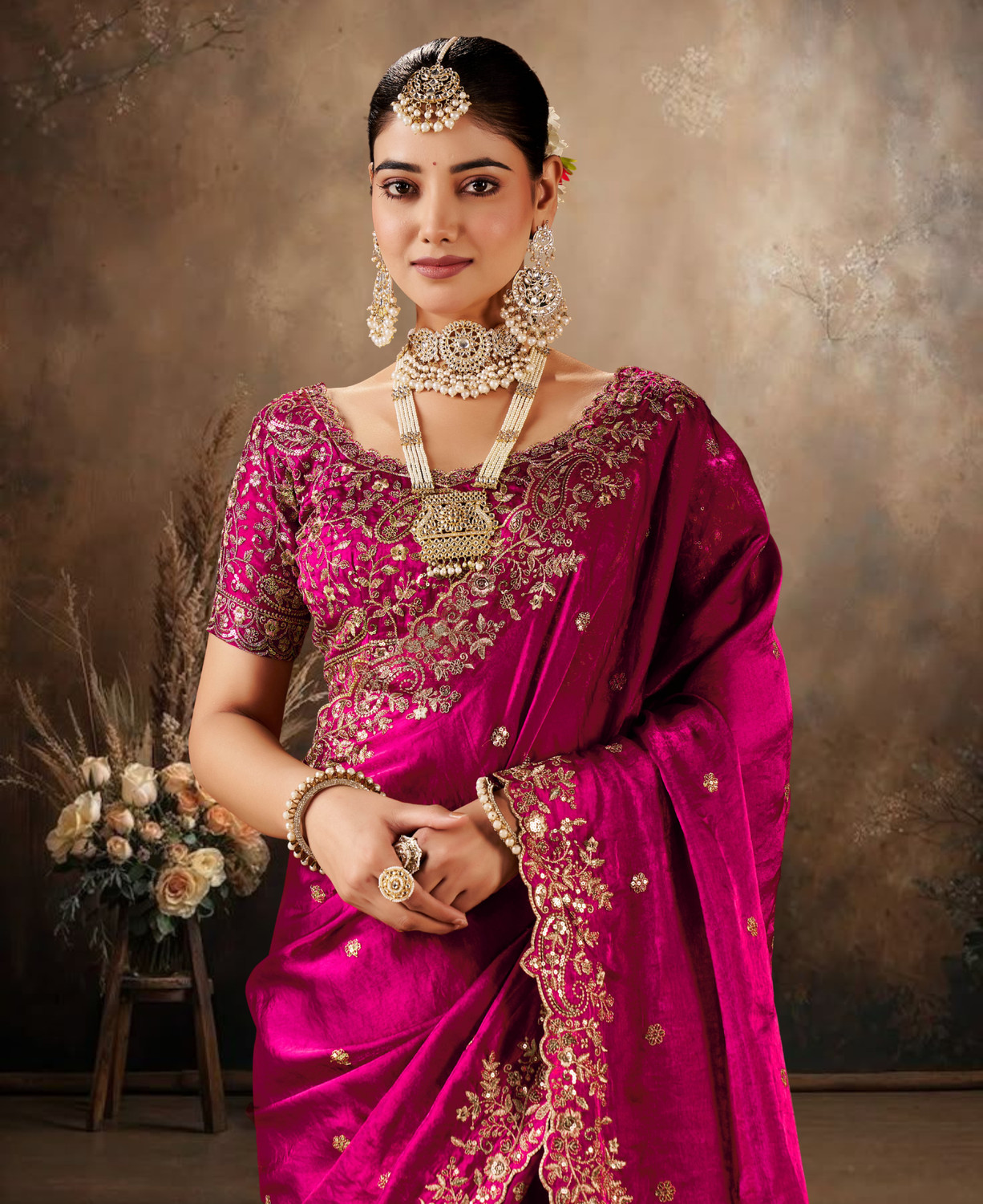 Image of DESTY Embroidered, Embellished, Floral Print Bollywood Jimmy Jimmy, Tussar Silk Saree