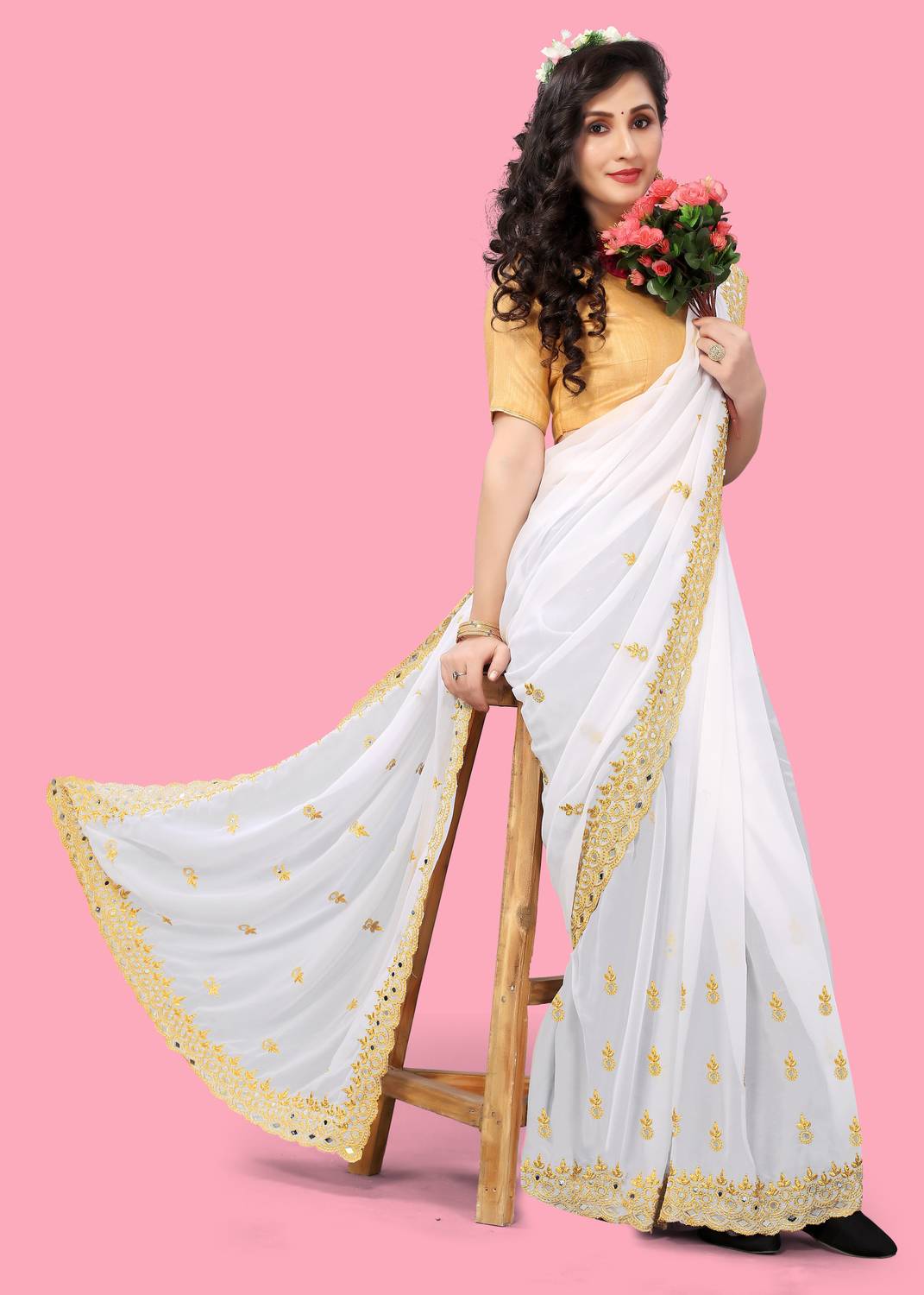 Sari In Georgette Rosso Con Camicetta In Seta - Taglia Unica Donna - Prodotto In India