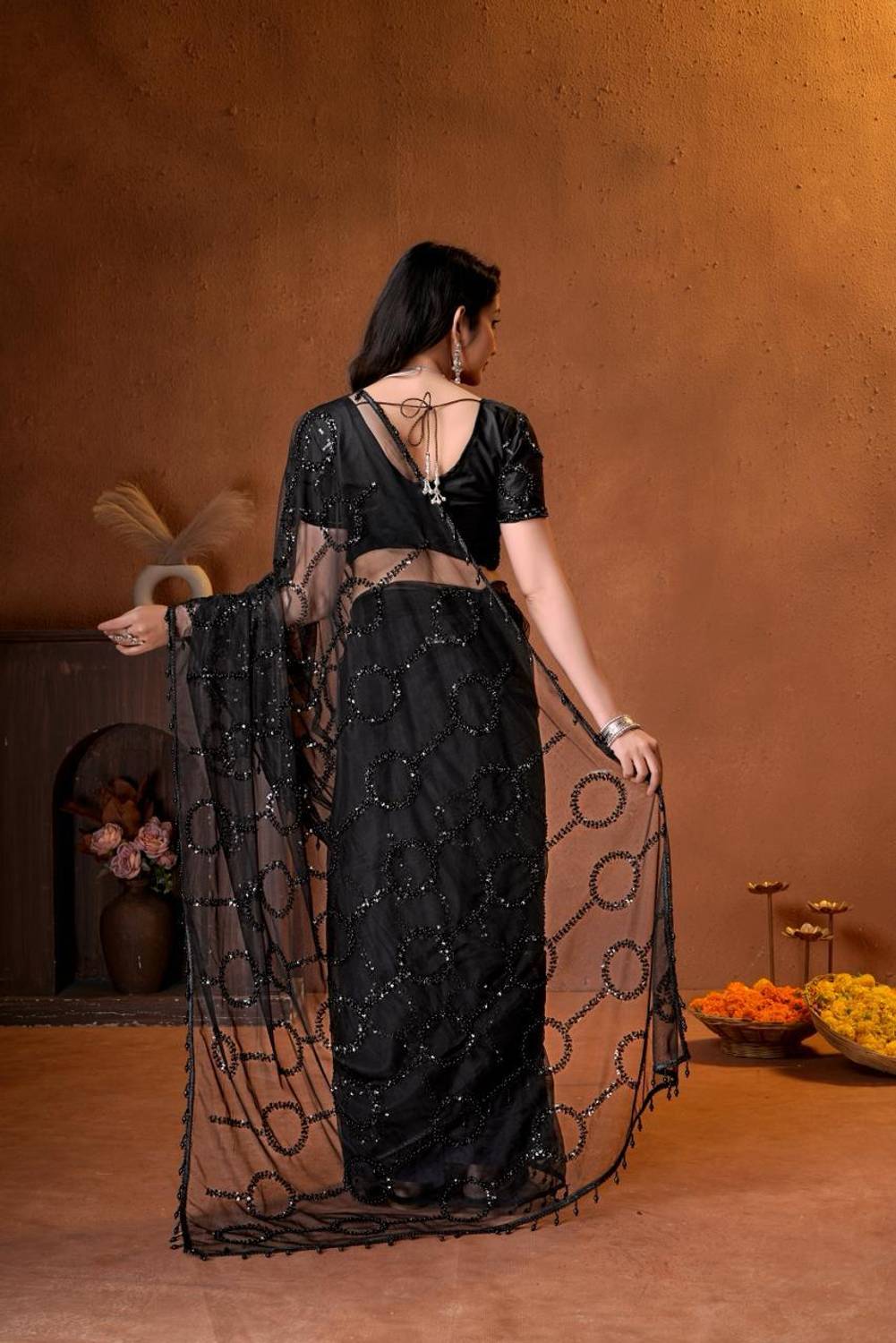 SBSTORE Embroidered Bollywood Net Saree Black - Image 2