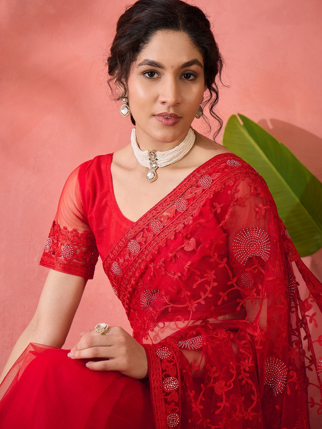 Image of Sangria Embroidered, Floral Print, Embellished Kalamkari Net Saree