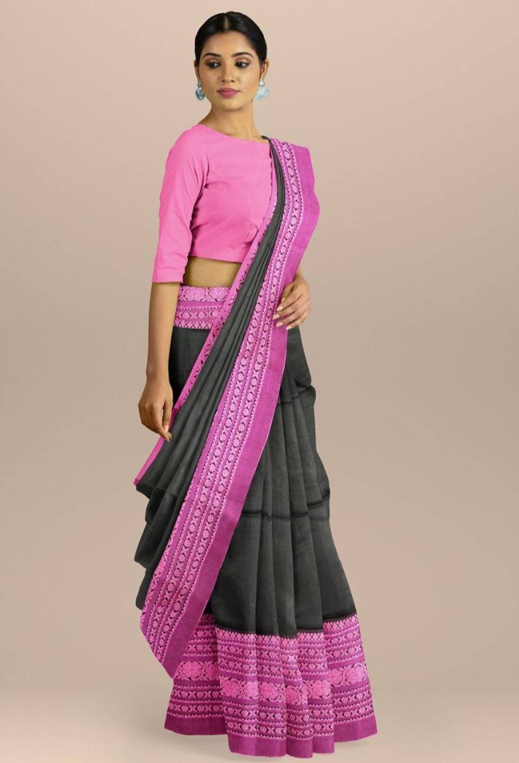 BongAp Digital Print Handloom Cotton Blend, Jacquard Saree