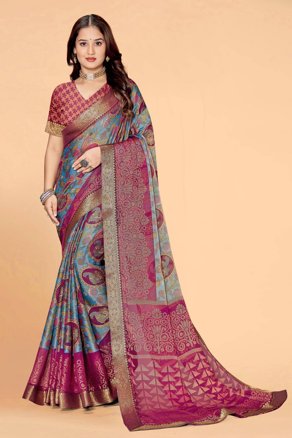 Emv Everymoment Vouge Woven, Paisley, Polka Print, Floral Print, Geometric Print Bollywood Chiffon, Brasso Saree