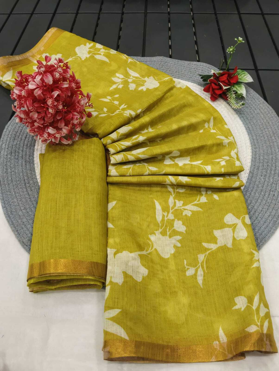 Image of DEVICE of NT Printed, Woven Kanjivaram Pure Cotton, Cotton Linen Saree