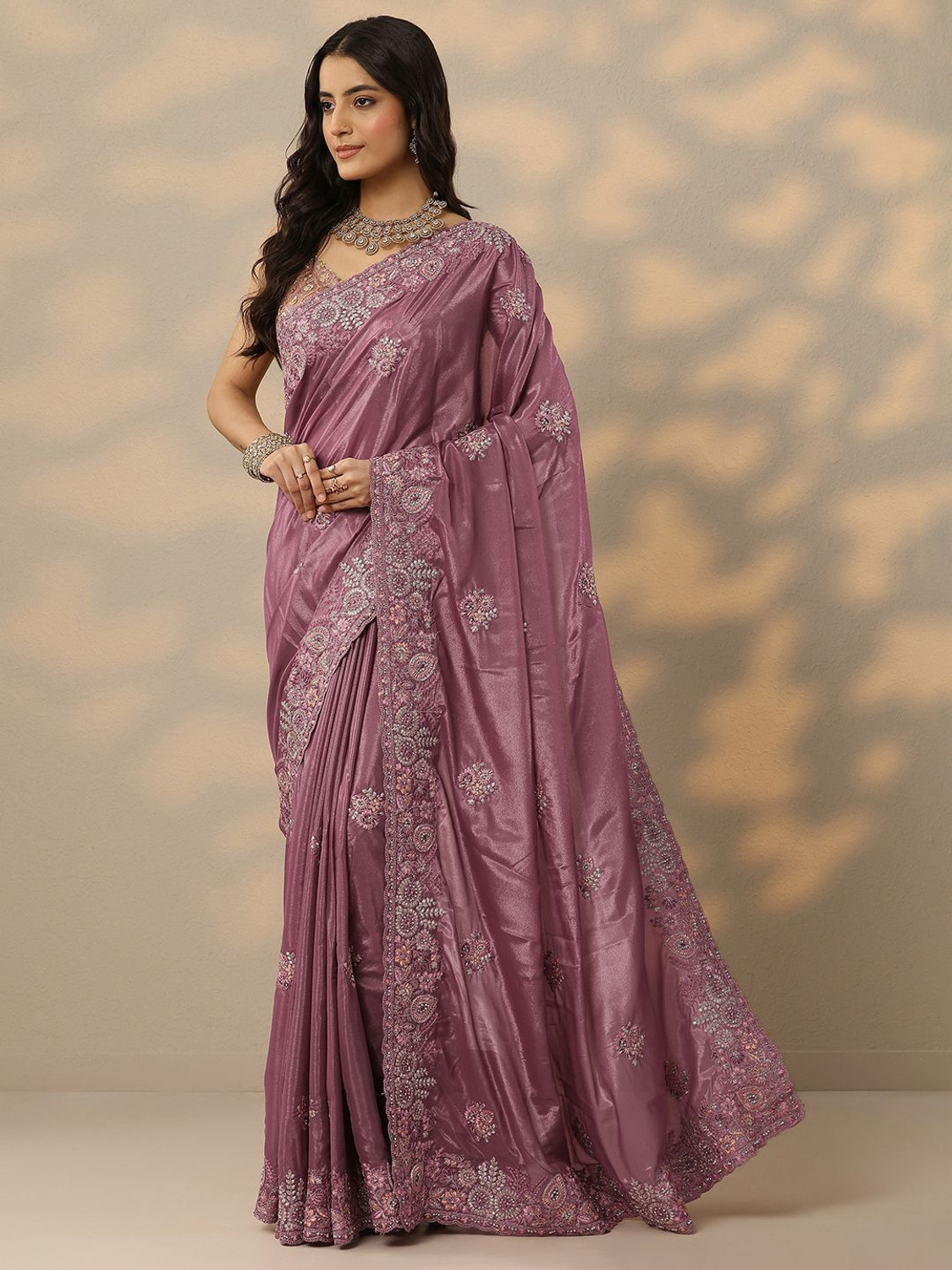 Image of LIBAS Embroidered Daily Wear Crepe Saree