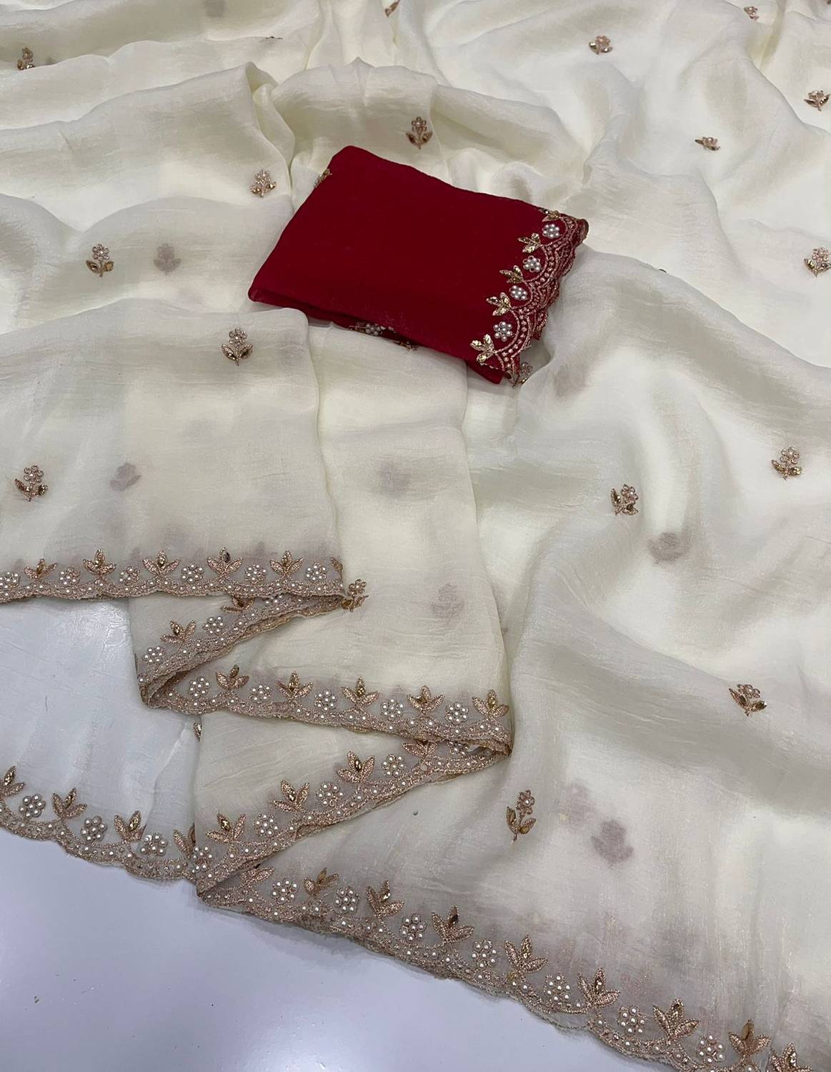 Email Bollywood Chiffon Saree White - Image 3