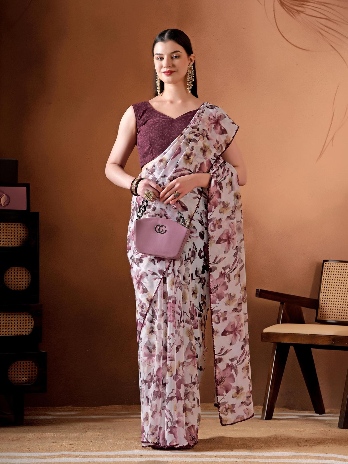 Image of MANVIKA FASHION Floral Print Daily Wear Chiffon Saree