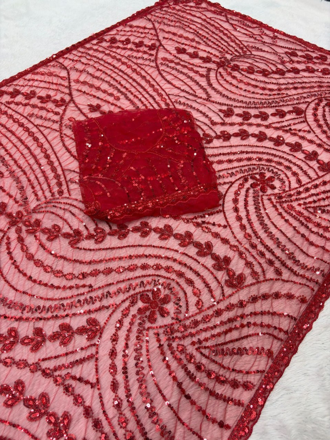Image of Munir Clothing Embellished, Embroidered, Floral Print, Printed, Woven Bollywood Net Saree (Red)