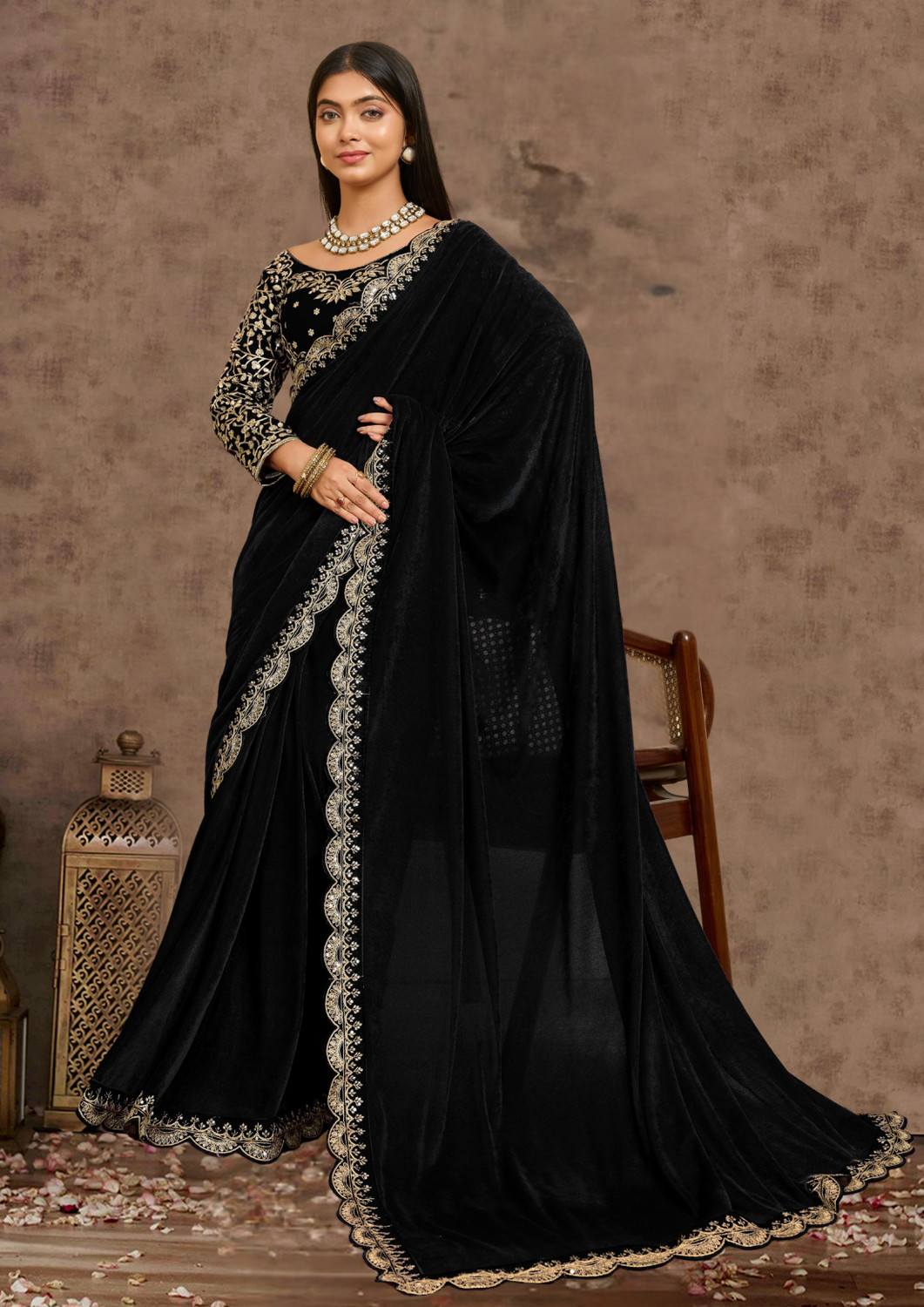 Image of adelyn Embroidered Banarasi Velvet, Cotton Blend Saree