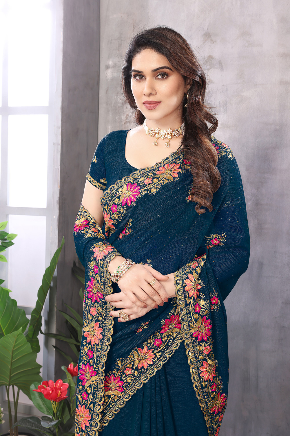 Image of Radheradhey Embroidered, Floral Print Bollywood Georgette Saree