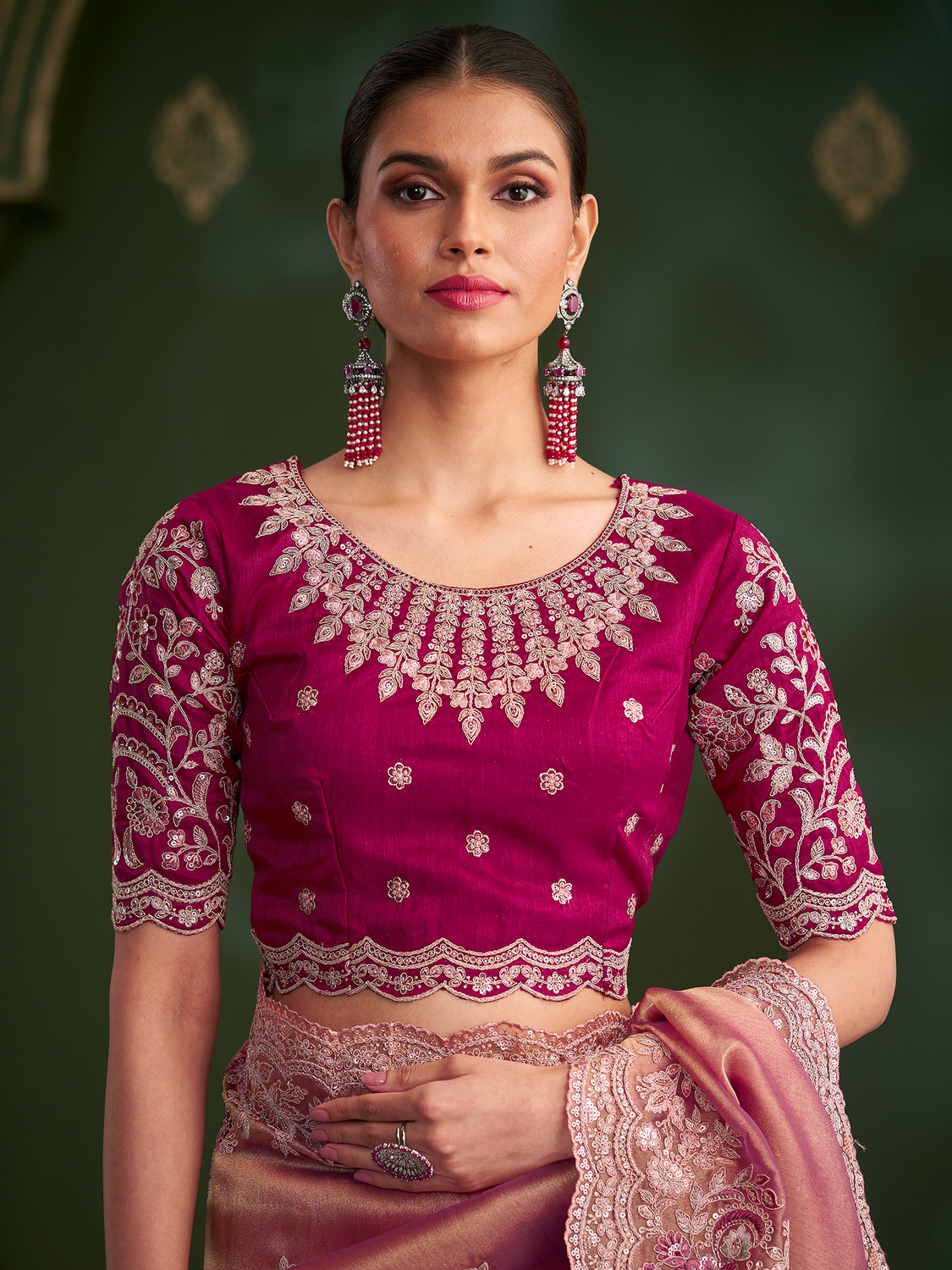 Image of House of Pataudi Embroidered, Floral Print, Self Design Bollywood Tissue Saree