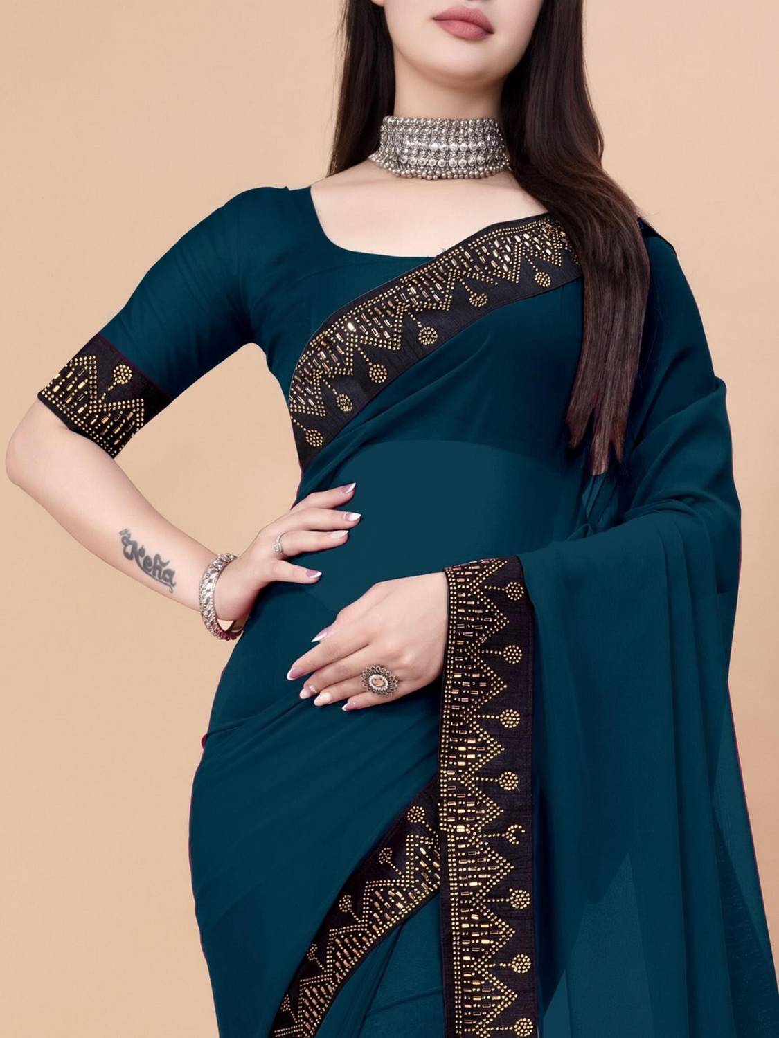Heturaj Blue Georgette Saree - Image 2