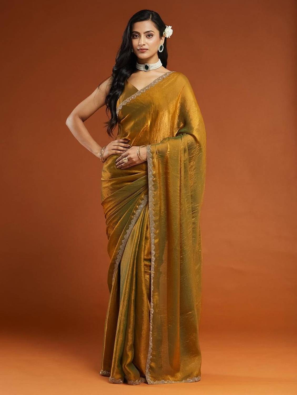 BRAHMSHAKTI Embellished Bollywood Tissue, Pure Silk Saree