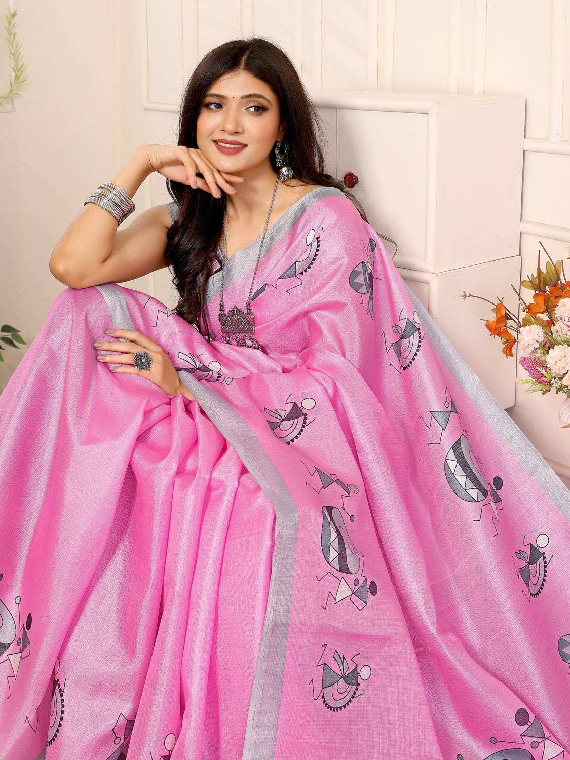 YASHIKA Printed Assam Silk Art Silk Saree (Pink)